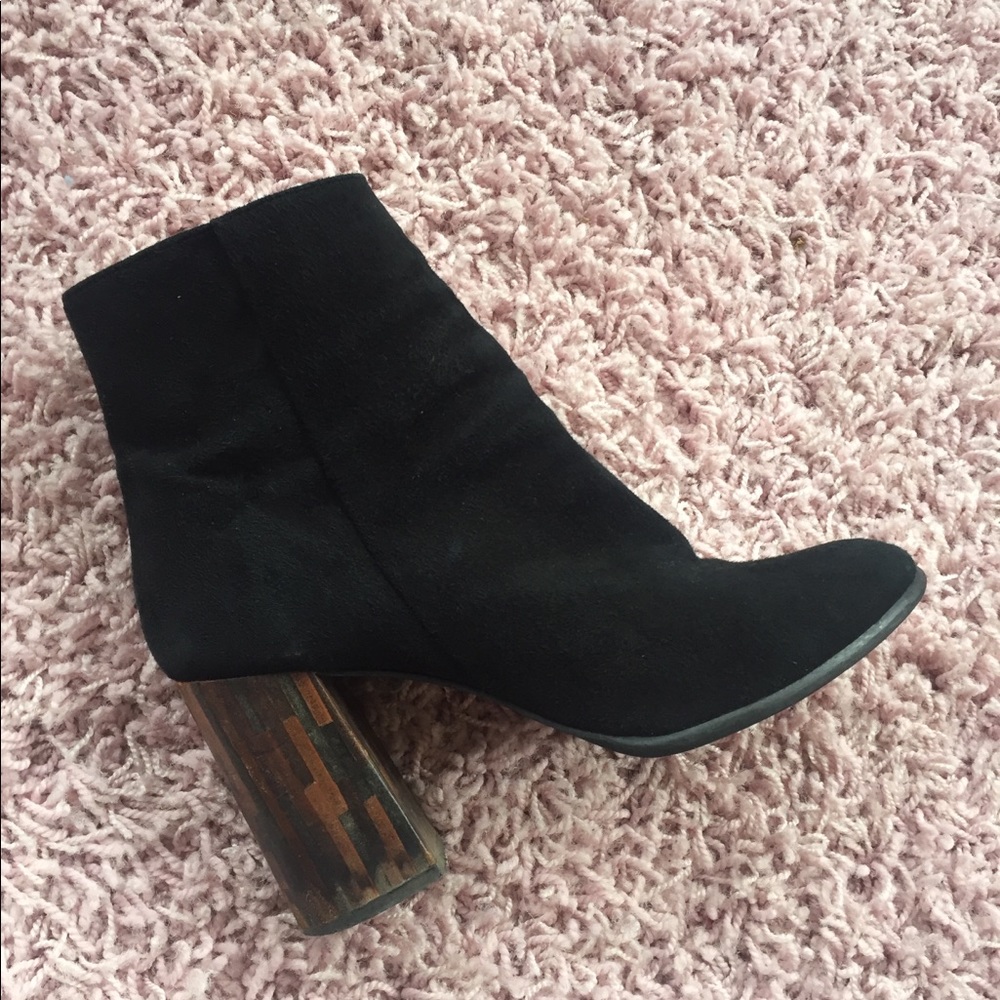 Black suede booties with faux wooden block heel